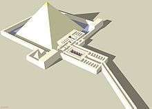 3 dimensional model of how the pyramid would have looked in its original completed state. From the east is the planned layout of the mortuary temple adjoining the main pyramid. In the north-east and south-east corners are the pylons. West of the south-eastern pylon is the small cult pyramid surrounded by a small walled enclosure. Surrounding the main pyramid is an enclosing wall that represents the courtyard.