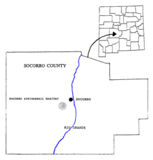 An outline of Socorro County with the Rio Grande, Socorro, and the Socorro Springsnail habitat clearly marked, also an insert with the County marked within the State of New Mexico