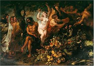 Painting showing Pythagoras on the far left quizzically stroking his beard as he gazes upon a massive pile of fruits and vegetables. Two followers stand behind him, fully clothed. A man with a greying beard sits at the base of a tree gesturing to the pile of produce. Next to him, a fleshy, nude woman with blonde hair plucks fruits from it. Slightly behind her, two other women, one partially clothed and the other nude but obscured by the tree branch, are also plucking fruits. At the far right end of the painting, two nude, faun-like men with beards and pointed ears hurl more fruits upon the pile.