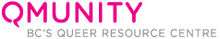A logo on a white background, with the name "QMUNITY" in large, pink letters at the top left and the phrase "BC'S QUEER RESOURCE CENTRE" in smaller, light-gray letters at the bottom, both in all caps.
