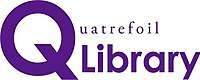 The 'Q' in Quatrefoil is big and purple; the rest of the word—which is rendered in black, serif type—is only about one-sixth the height of the 'Q'. It extends to the right; its baseline is above the midline of the 'Q'. The word 'Library' is also to the right of the Q, and beneath the rest of the word 'Quatrefoil'. It is in the same purple sans-serif type as the capital 'Q', but less than half the height.