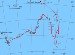 Chart of an area of sea in which an irregular line shows the passage of Quest