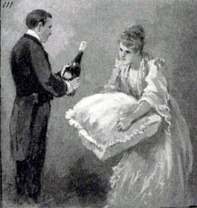 Man in formal evening clothes with a bottle of champagne; woman in evening clothes holding a cushion