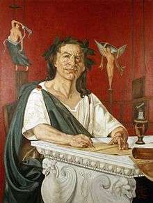 A painting of a man in a toga, looking forward and smiling; he is holding a writing utensil.