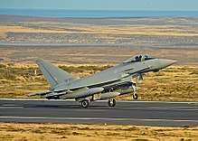 A Eurofighter Typhoon FGR4 landing at RAF Mount Pleasant in 2009.