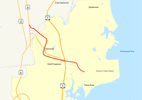 Highways in the North Kingstown area of southeastern Rhode Island are shown on a map. Route 403 is highlighted, running west to east for 4.5 miles from Route 4 in East Greenwich to an unnumbered route in Quonset.