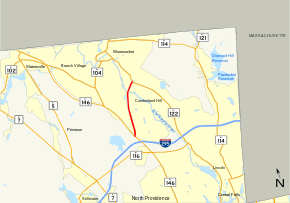 Highways in the Woonsocket area of northern Rhode Island are shown on a map. Route 99 is highlighted, running south to north for 3 miles from Route 146 in Lincoln to Route 122 in Woonsocket.