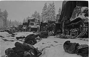Fallen Soviet soldiers and their equipment litter the road and the ditch next to it after being encircled at the Battle of Raate Road