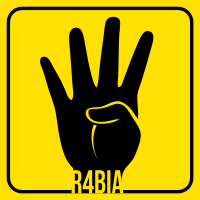 A black hand on yellow background, with four upright fingers, thumb is folded toward the palm as if one were showing the number four. "R4BIA" is written across underside of wrist in yellow.
