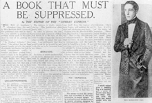 Reproduction of a London newspaper, headline reading "A Book That Must Be Suppressed" and Radclyffe Hall's portrait: a woman wearing a suit jacket and bow tie with a black matching skirt. Her hair is slicked back, she wears no make-up, in one hand is a cigarette and her other hand is in her skirt pocket