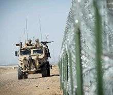 No. 51 Squadron RAF Regiment Foxhound vehicle on patrol at the perimeter of Camp Bastion, Afghanistan in 2014.