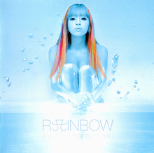 Ayumi Hamasaki shown looking into the camera, unclothed, hugging her knees to her chest, surrounded by bubbles. The entire image is in shades of light blue, with a strong neon glow effect, except for her side hair, which is in shades of orange and red, and flows down past her knees. Below her is written in all uppercase, "RAINBOW".