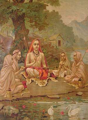 Painting of a sage and four disciples, sitting near water
