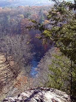 View from a high rock of water in trees, some bare and some with autumn leaves