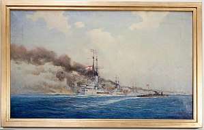 A painting depicting multiple battleships in a row shelling a coastline. Smoke can be seen coming out of both the land and the guns of each ship.