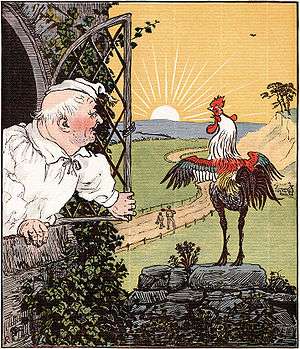 Illustration of an old man wearing a night cap and pajamas opening his window to see a skinny-legged rooster crowing at the sunrise.