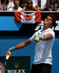 Raonic looks up in the air, his racquet pointing down in his left hand and a ball cradled in his right hand. In the background, a spectator holds a Canadian flag.