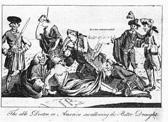 A Patriot cartoon depicting the Coercive Acts as the forcing of tea on a Native American woman (a symbol of the American colonies), who is lying down, was copied and distributed in the Thirteen Colonies. Others watch and a man, believed to be Lord Sandwich, pins down her feet and peers up her skirt. The caption of the cartoon itself is "The able Doctor or America swallowing the Bitter Draught."