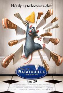 Protagonist Remy is smiling nervously as he clings to a piece of cheese while he is pinned to a door by sharp knives and forks. The film's tagline, "He's dying to become a chef", is displayed along the top. A logo with the film's title and pronunciation is shown at the bottom, with the dot on the 'i' in "Ratatouille" doubling as a rat's nose with whiskers and a chef's toque.