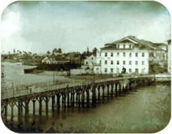 Photograph of a long wooden bridge crossing a river to a town with multi-storey white buildings and palm trees in the far background