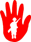A bright right hand shape. In the center is a sillouette of a small child in a military uniform and carrying a rifle.