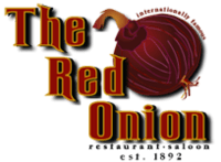 Stylized lettering saying "The Red Onion" in red with yellow trim, descending further rightward with each word. A drawn red onion rests, tilted, on the right. Above it are the curved words, in small type "Internationally famous", with "saloon … restaurant … established 1892" below in similar type