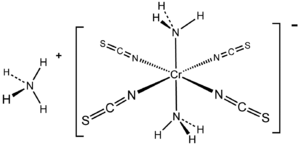 Structural formulas of the ammonium cation and the tetrathiocyanato-diamminechromate(III) anion