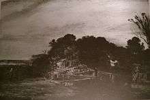 A slightly sepia-toned image of a painting showing a cottage surrounded by dark trees under an overcast late-evening sky