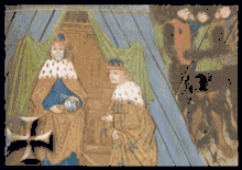 A crowned man sitting on a throne in a tent with an other man (also wearing a crown) kneeling before him