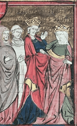 A crowned man say goodby to a crowned women in the company of clerics