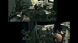 Still from the game with Chris Redfield (back to the player) and Sheva Alomar (facing the player)