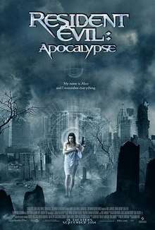 Film poster showing the film's title with the subtext "My name is Alice and I remember everything". A woman is in the center walking through a graveyard holding a gun in one hand and a white towel around her body with the other.