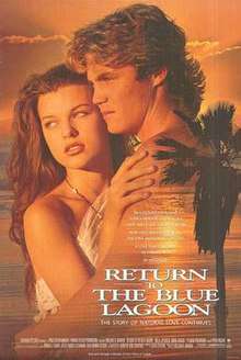 Two young people (portrayed by Milla Jovovich and Brian Krause) on a tropical island