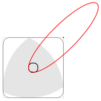 Reuleaux triangle in a square, with ellipse governing the path of motion of the triangle center