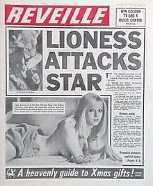 The front cover of a tabloid newspaper with a red 'Reveille' masthead and the headline 'Lioness Attacks Star'. It also features a photo of a scantily-clad actress appearing in the 1978 remake of 'The Big Sleep'.