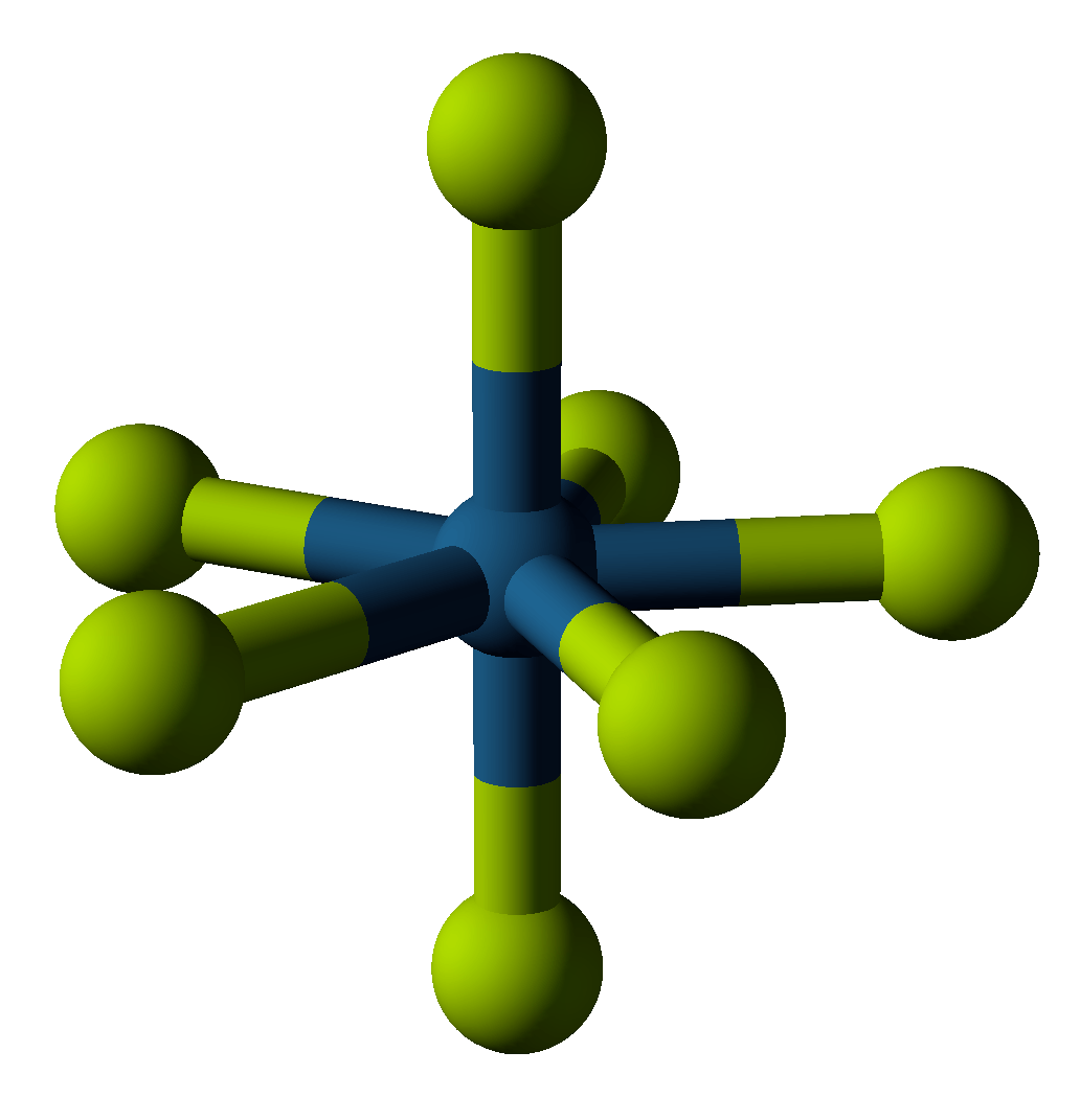 ball and stick drawing, shows central rhenium with a fluorine directly above and below and then an equatorial belt of 5 surrounding fluorines.