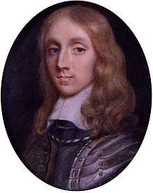 A circular portrait of Richard Cromwell.  Cromwell has shoulder length blonde hair and is wearing silver armour.