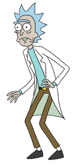 An old man with spiky gray hair, wearing a lab coat and holding a device on his left hand. He has a unibrow and some drool coming out of his mouth.