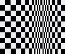 Black and light grey checkered pattern of squares that is horizontal shrunk at one third to the right side of the image