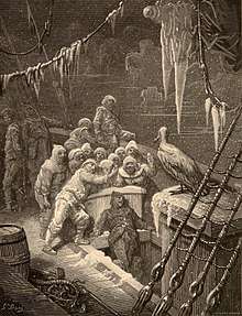 Engraving of seventeen sailors and an albatross on a sailing ship's ice-covered deck