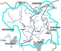 Map showing the River Meese, the other tributaries of the River Tern, and its drainage basin