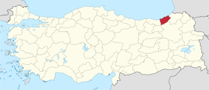 Rize highlighted in red on a beige political map of Turkeym