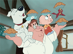 A cartoon drawing of an overweight man with glasses and brown hair, carrying an anthropomorphic white dog and a baby wearing red overalls on his shoulders, as all three hold a pie. A red cartoon bird carrying a pie is flying nearby.