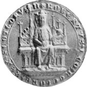 Black and white image of  mediaeval seal depicting a king seated upon a throne
