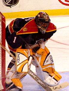 A masked ice hockey goaltender. He wears white and yellow goaltending pads and a dark blue and red jersey with an obscured logo of a leaping panther.