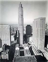 Black-and-white picture of site construction in 1937, as seen from a skyscraper to the east