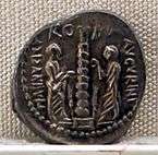Reverse of a coin of the Minucia gens, depicting a column in honour of Lucius Minucius Augurinus.
