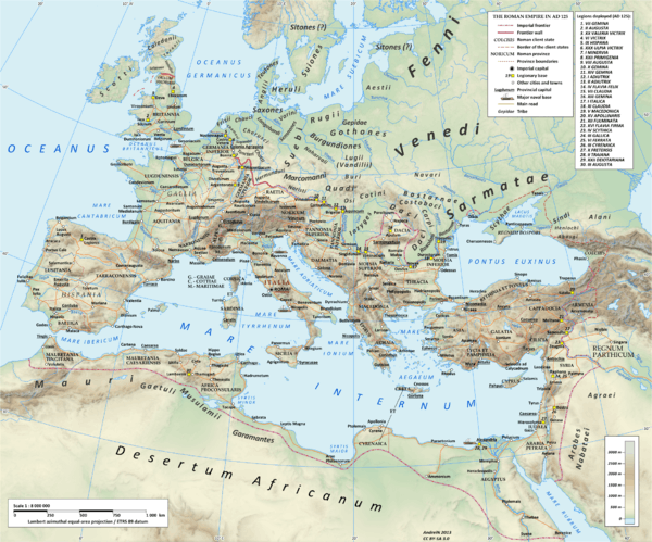 An physical map of Europe under Emperor Hadrian with the borders of Rome in red.