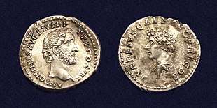 Coin with the Roman emperor Antoninus Pius on the obverse and his adoptive son and successor Marcus Aurelius on the reverse