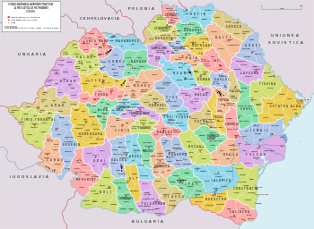 Colored map showing the territory of Romania and its division into 71 counties before the World War II.